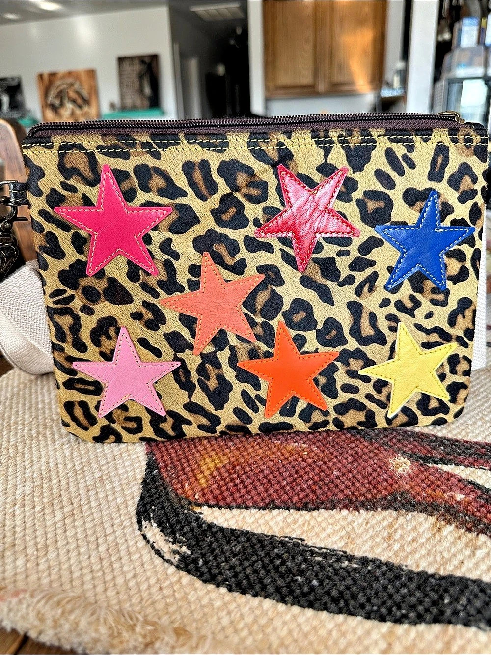 Leopard Star AppliquΓ© Wristlet/Clutch in Brown & Black Cowhide and Leather